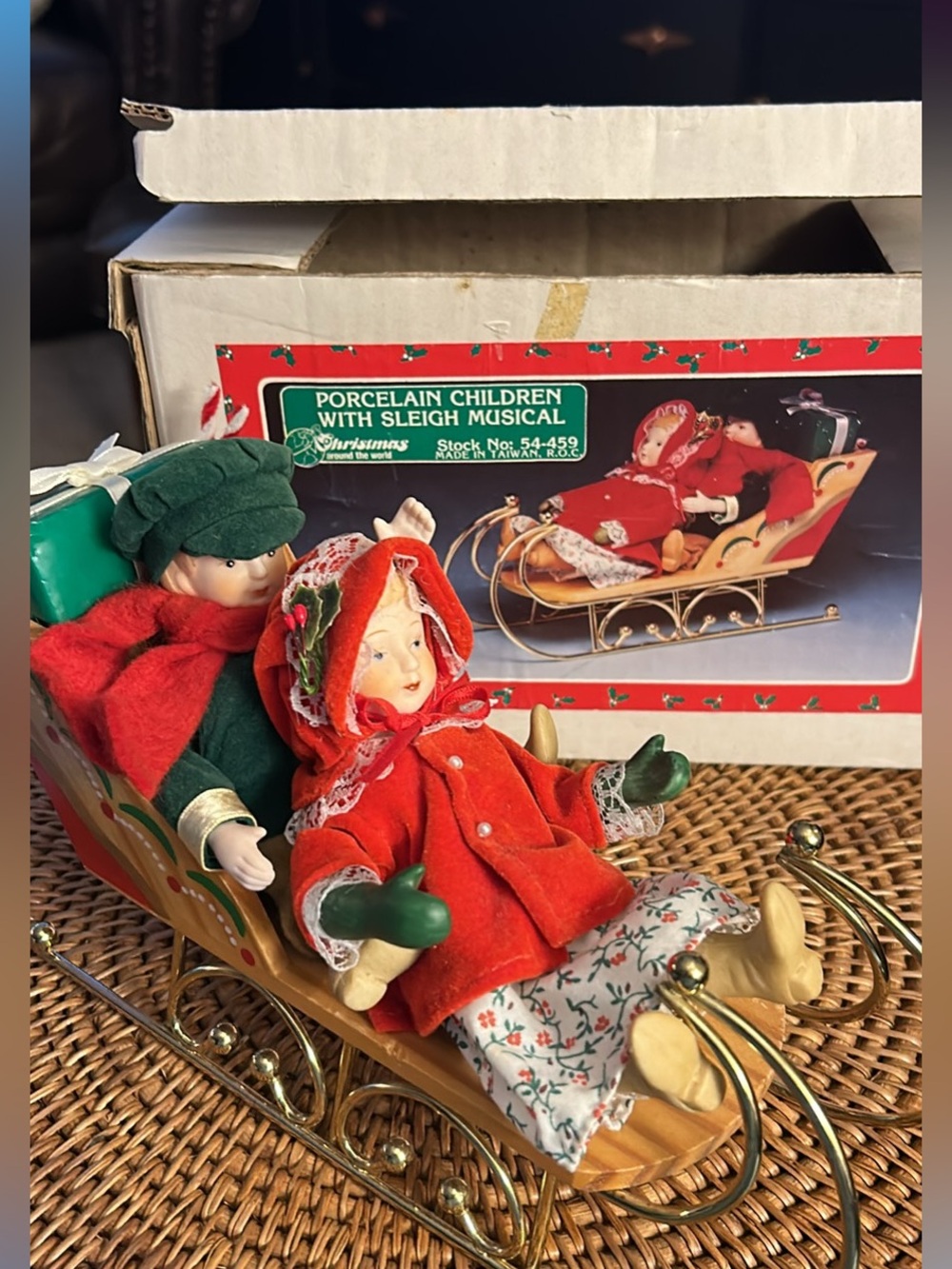 Porcelain Children in Sleigh - Red and Green Holiday Figurine Set